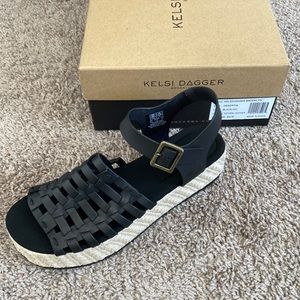 Black leather sandals. New in box.